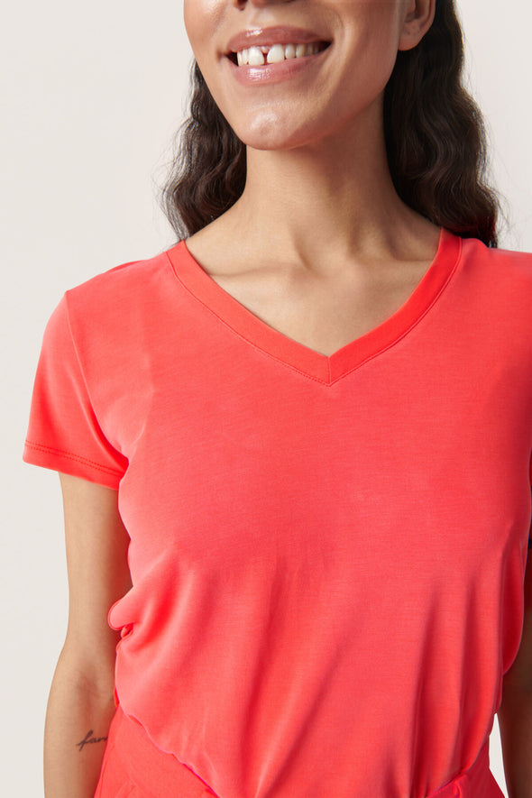 Columbine v-neck T-shirt hot coral LENZING™ ECOVERO™ certified