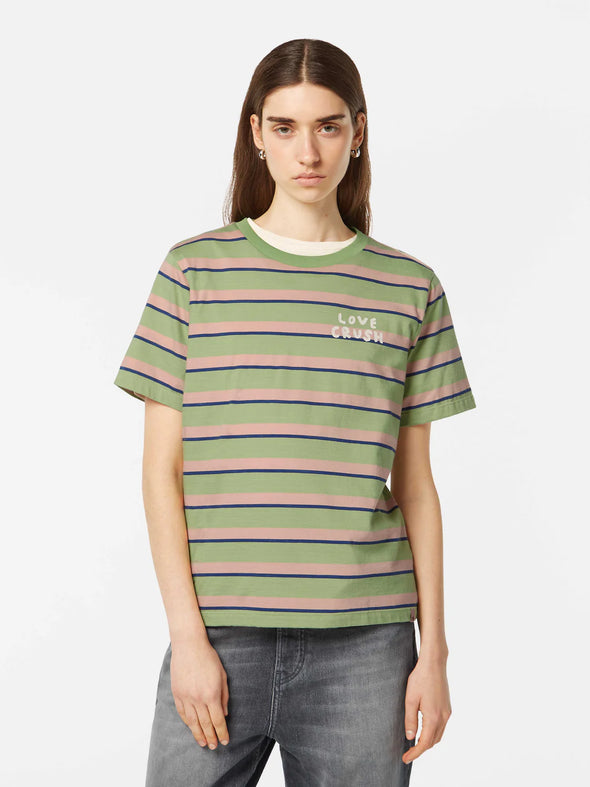 Green, peach and blue striped T-shirt