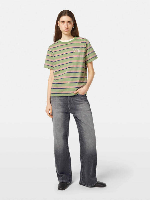 Green, peach and blue striped T-shirt