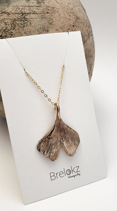 Collier Feuille de Ginkgo en bronze et or Gold Filled 14k