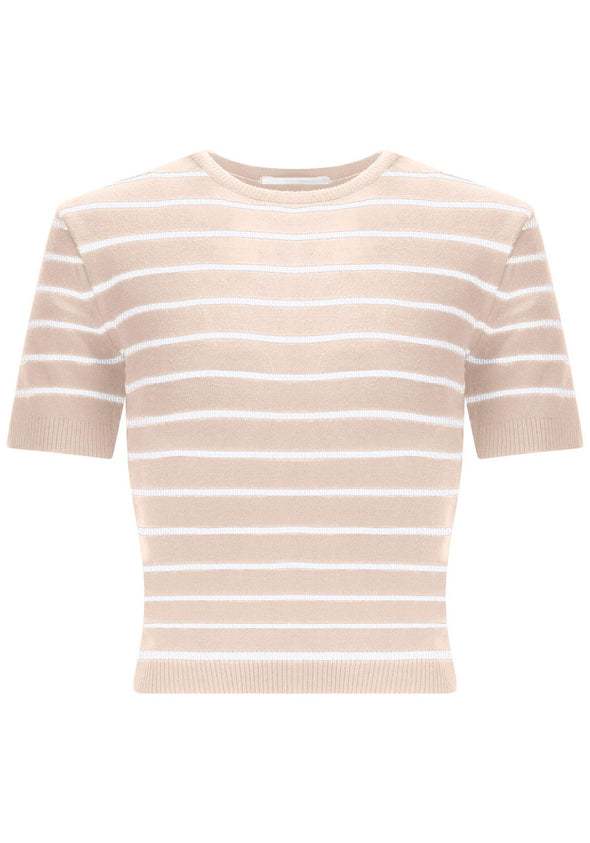 Beige short-sleeved striped knit sweater