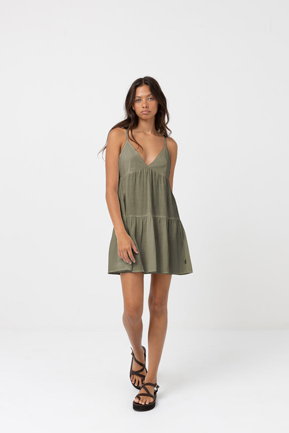 Classic tiered mini olive dress