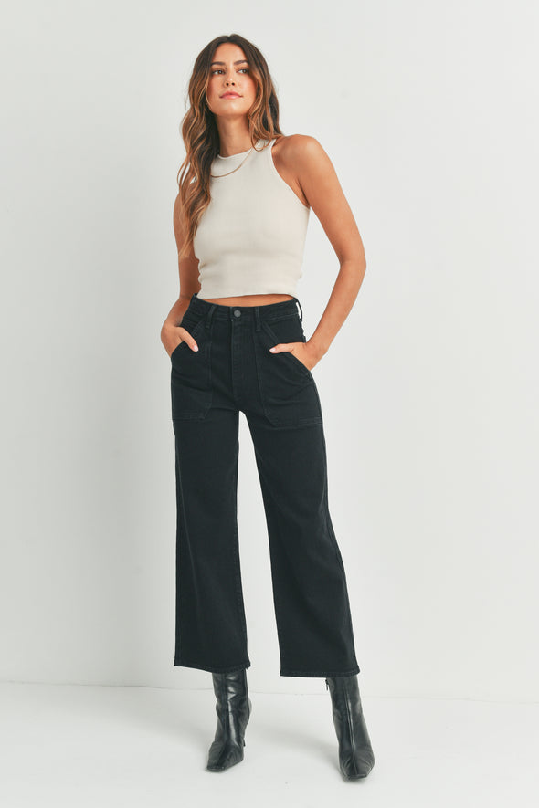 Black high-waisted jeans with wide-leg cargo pockets