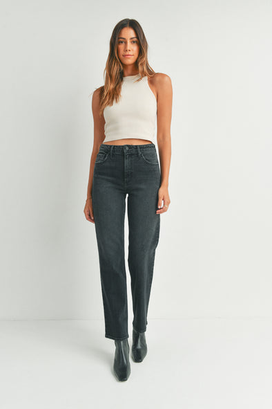 High-waisted straight washed black jeans