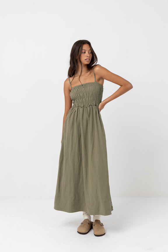 Robe classic shirred midi olive