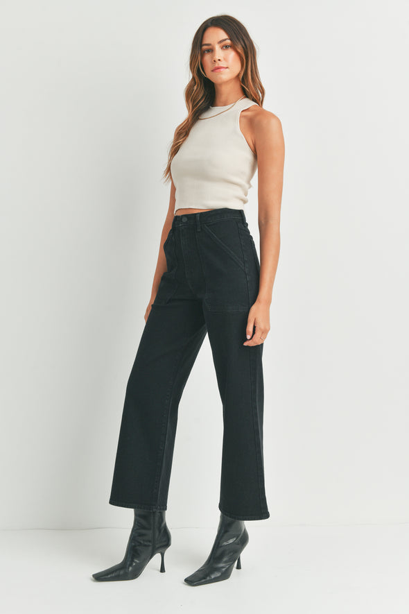 Black high-waisted jeans with wide-leg cargo pockets